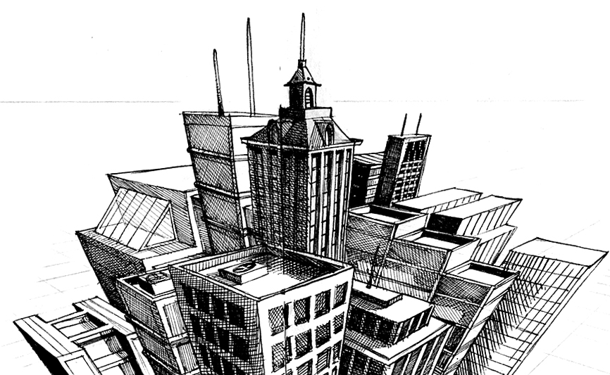 3 Point Perspective Drawing Detailed Sketch
