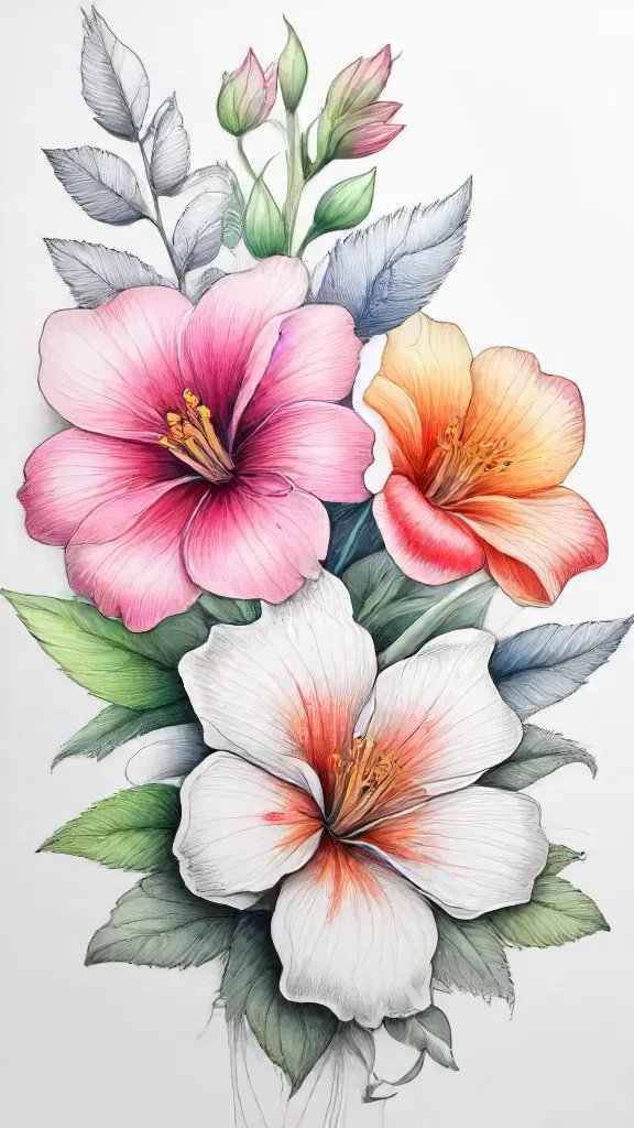 Colorful Flowers Drawing Art Sketch Image