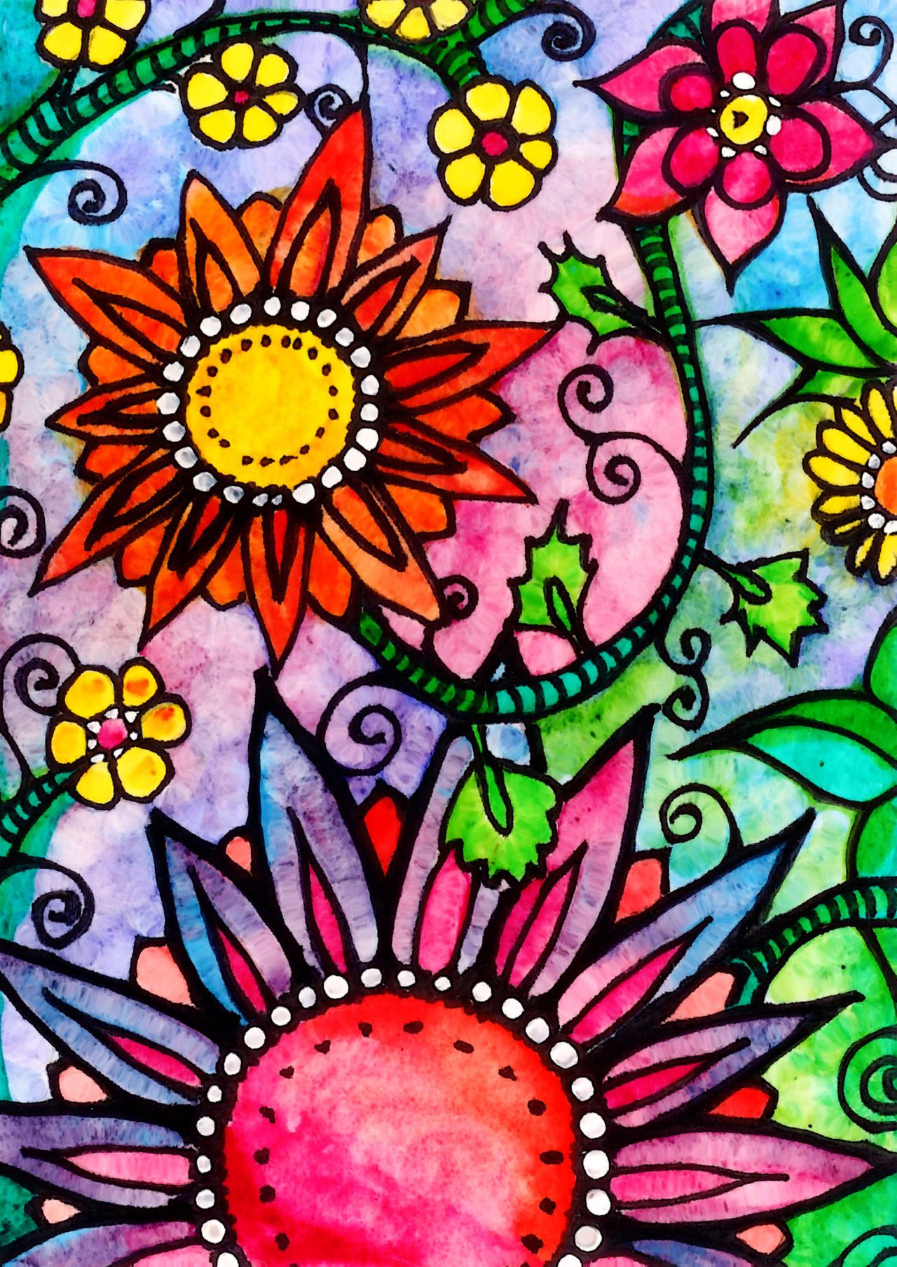 Colorful Flowers Drawing Hand drawn