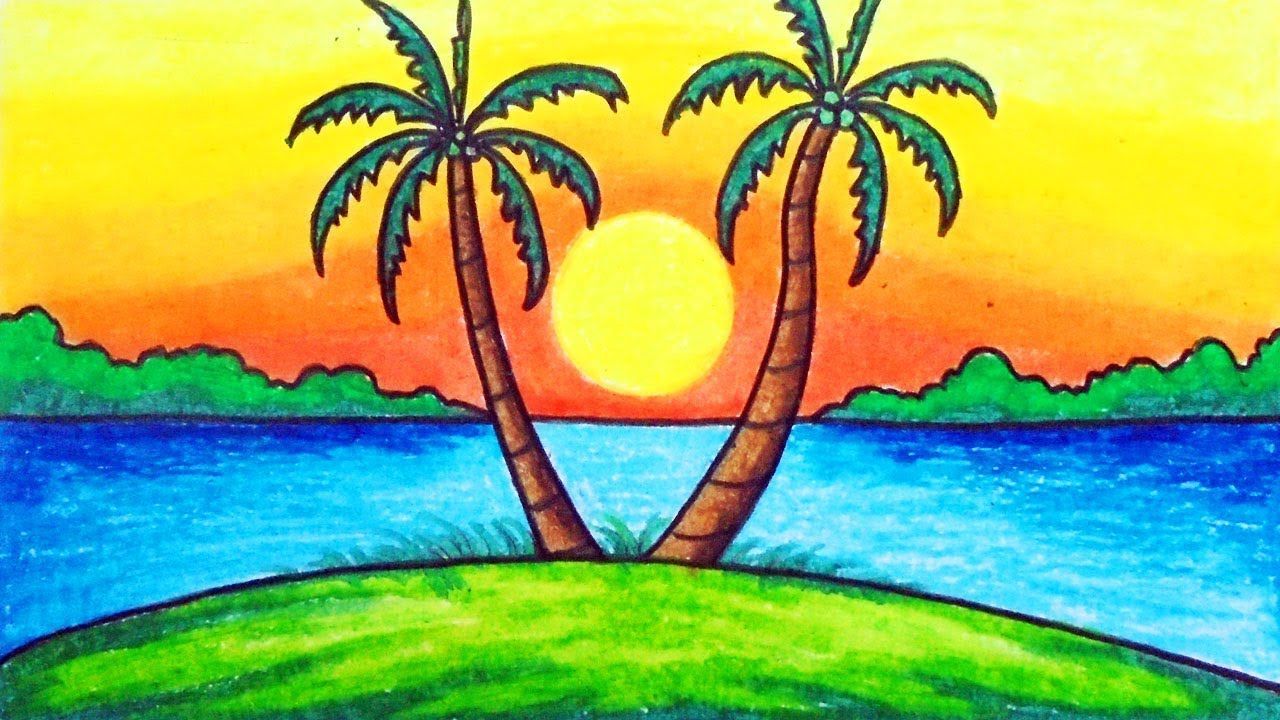 Easy Sunset Drawing Detailed Sketch