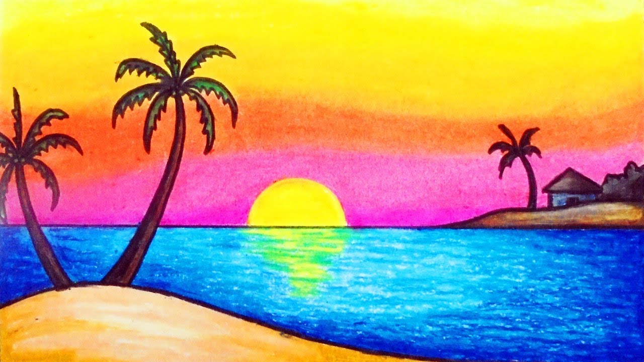 Easy Sunset Drawing Realistic Sketch