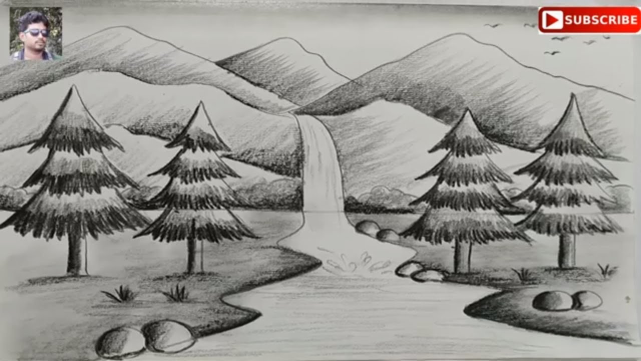 River Landscape Drawing Artistic Sketching