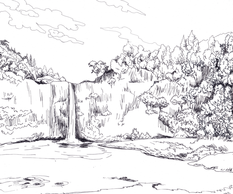 River Landscape Drawing Hand drawn Sketch