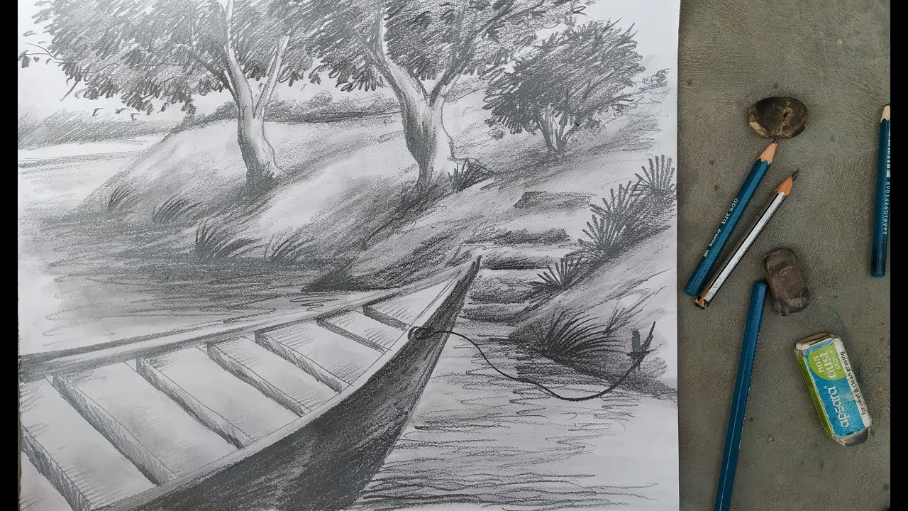 River Landscape Drawing Modern Sketch