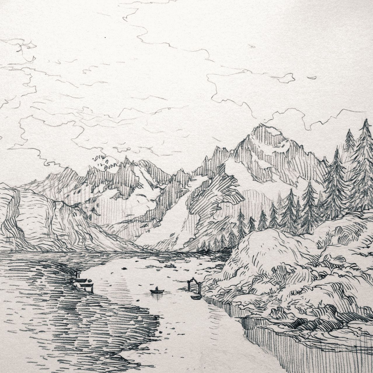 River Landscape Drawing Realistic Sketch