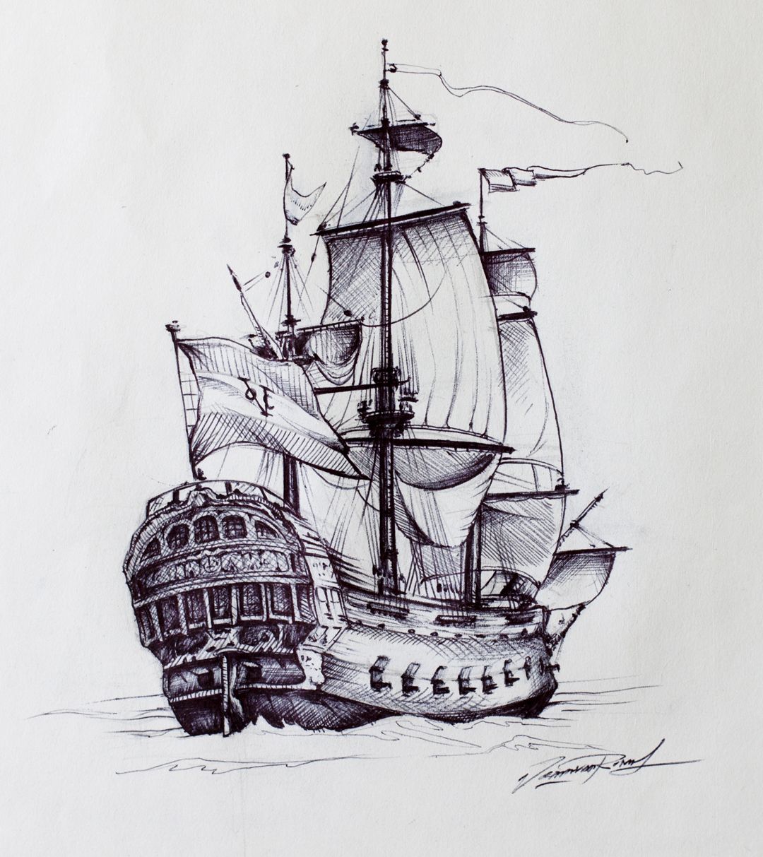 Ship Drawing Realistic Sketch